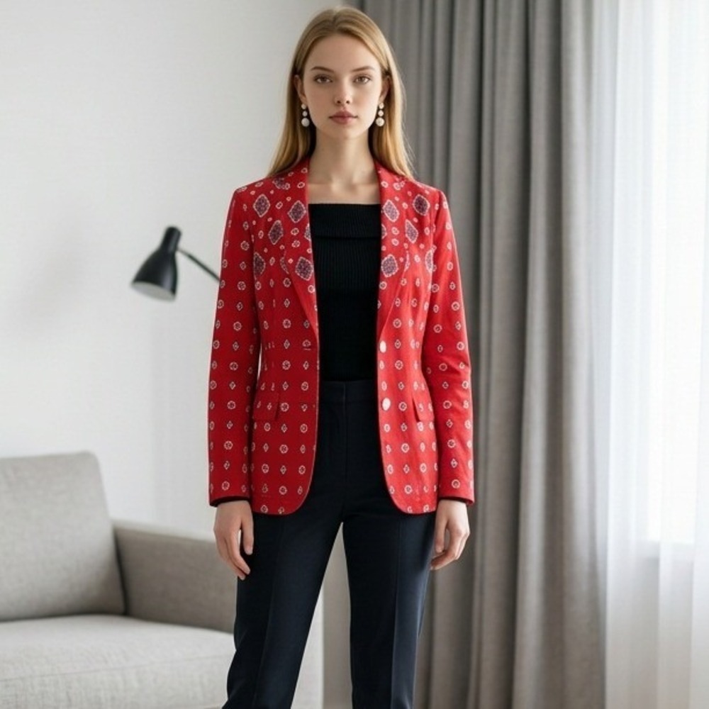 Liz Wear 2-Button Blazer Jacket Red Paisley Bandana Print Western Bold Size 10
